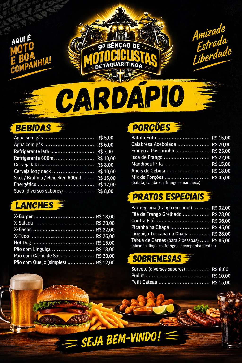 Card&aacute;pio da 9&ordf; B&ecirc;n&ccedil;&atilde;o dos Motociclistas